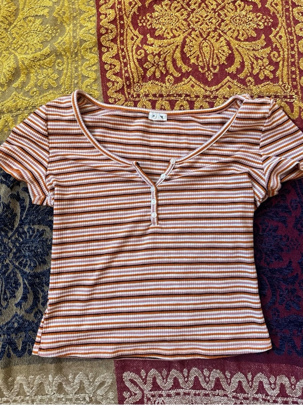 Garage Rust & White Striped Ribbed Henley Tee